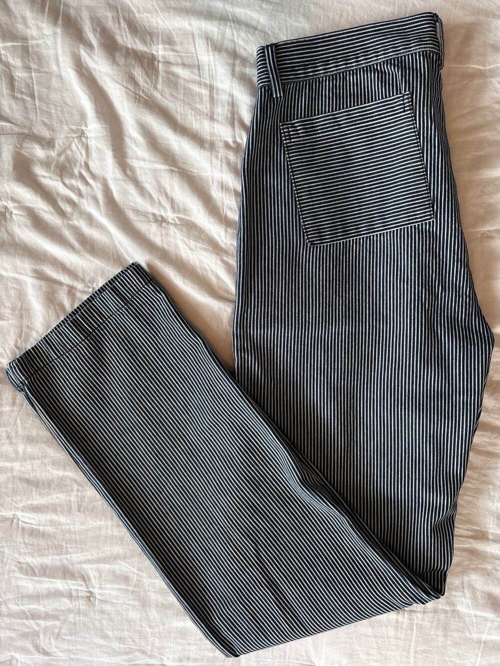 NWOT Alex Crane Canvas Cham Pant Blue & White Railroad Stripe Size 34/36 Organic
